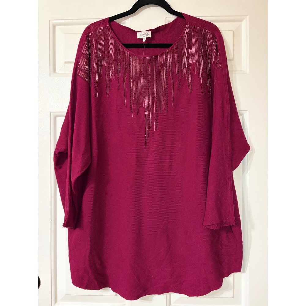 Siren Lily 3X Plus Size Beaded Ribbed Knit Batwing Sleeve Top || Berry Pink